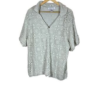 VTG 90s Crochet Top Silk Cotton Knit Button Up Short Sleeve Shirt Plus Size 2X